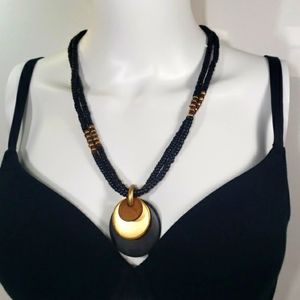 Antique Wooden Boho Black /Brown & Gold Tone Necklace